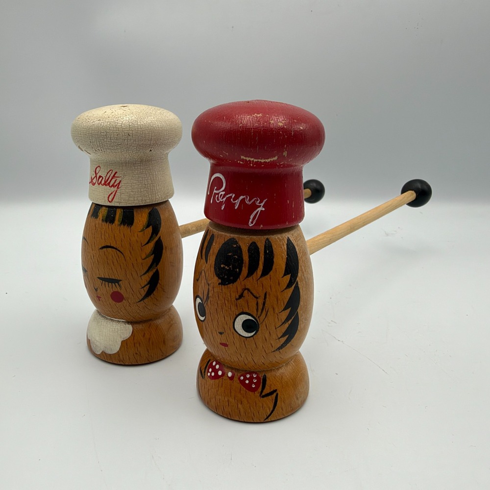 Vintage Salty & Peppy Long Handle Wood Chef Salt Pepper Shakers Painted Japan
